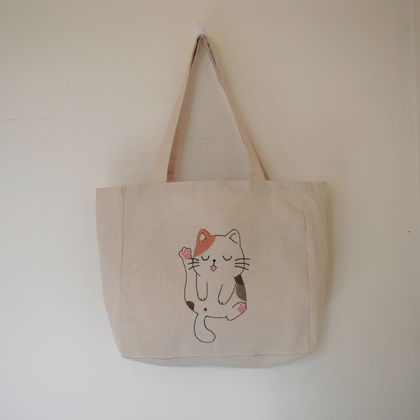 classy cat hand-embroidered tote bag